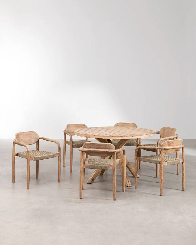 Round Dining Table Set Ø120 cm in Wood with 6 Armchairs – Naele