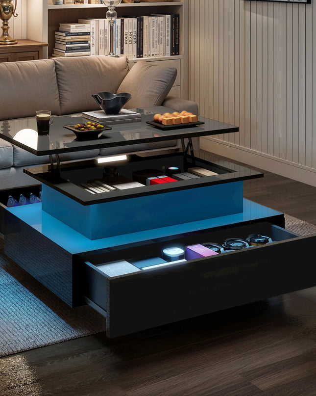 LED Lift-Top Coffee Table – 85 × 55 × 41 cm, Adjustable Height, 2 Drawers, 16 Colours